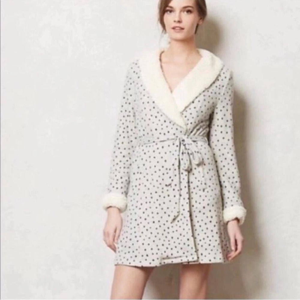 Anthropologie Saturday Sunday Sherpa Lined Polka Dot Belted Robe Grey Size XS